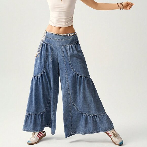 blue Casual Women's Patchwork Loose Wide Leg Jeans - Picture 6 of 8